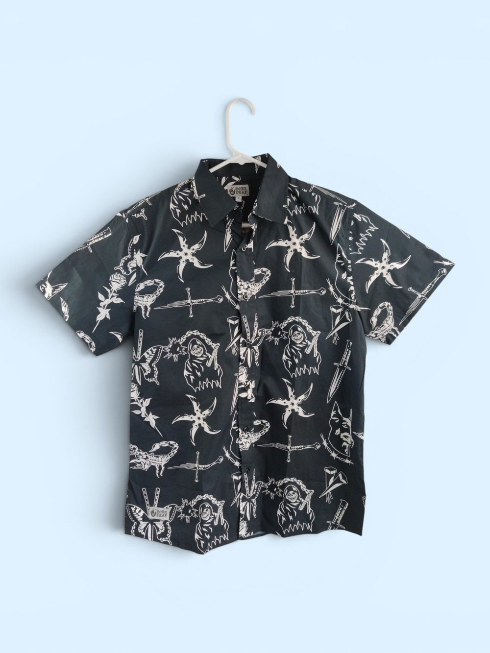 Men's Black Short-Sleeve Button-Down Shirt with White Graphic Print